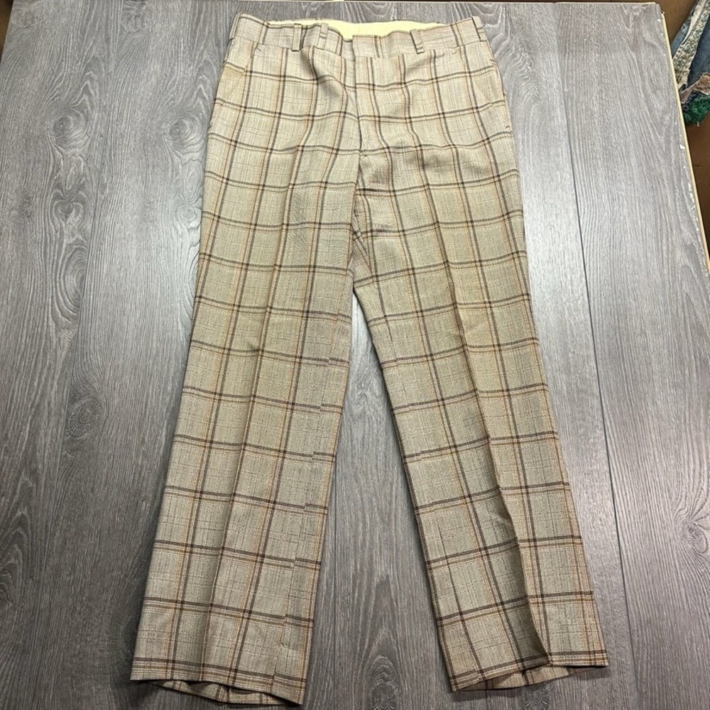 Vintage 1980s Mens 34 x 30 Plaid Trousers Brown Tan Orange Straight Leg Pants